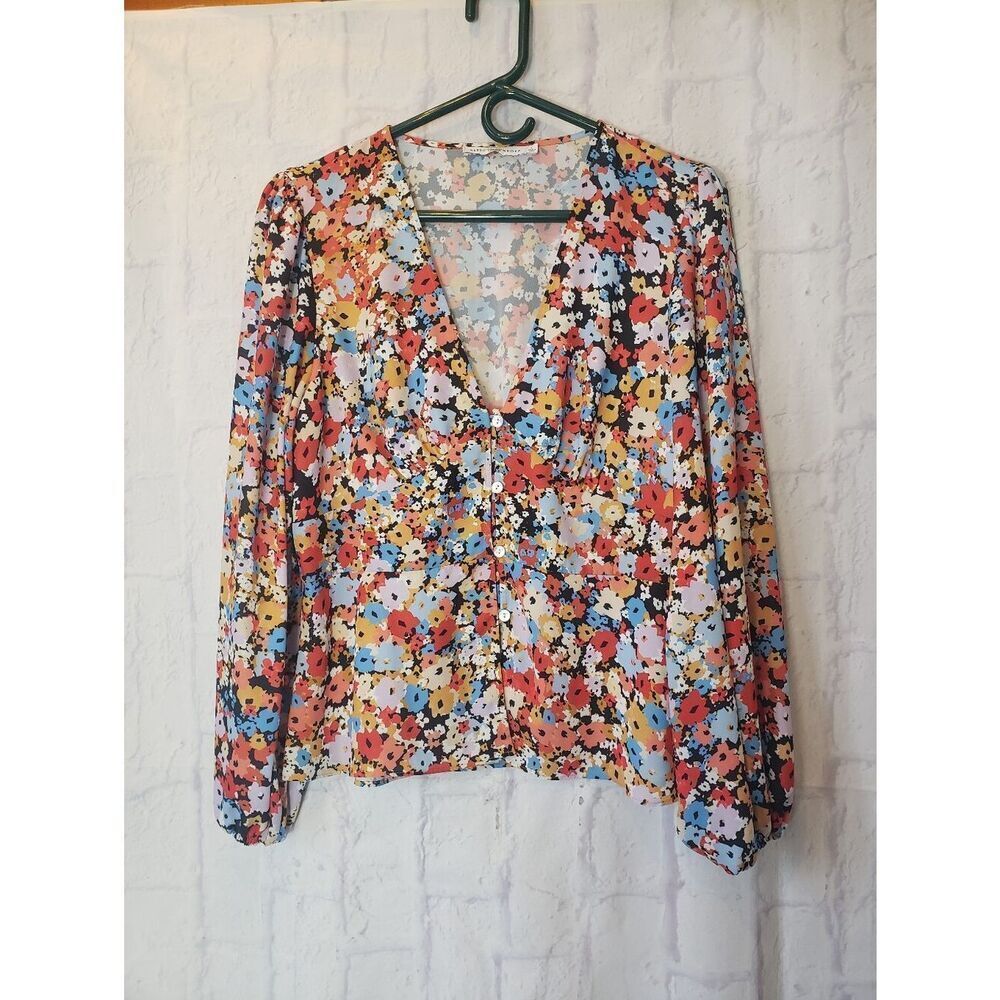 REBECCA MINKOFF Colorful Floral Button Down Blouse Large